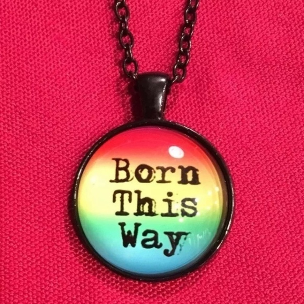 “BORN THIS WAY” Rainbow Glass Charm Necklace NWOT